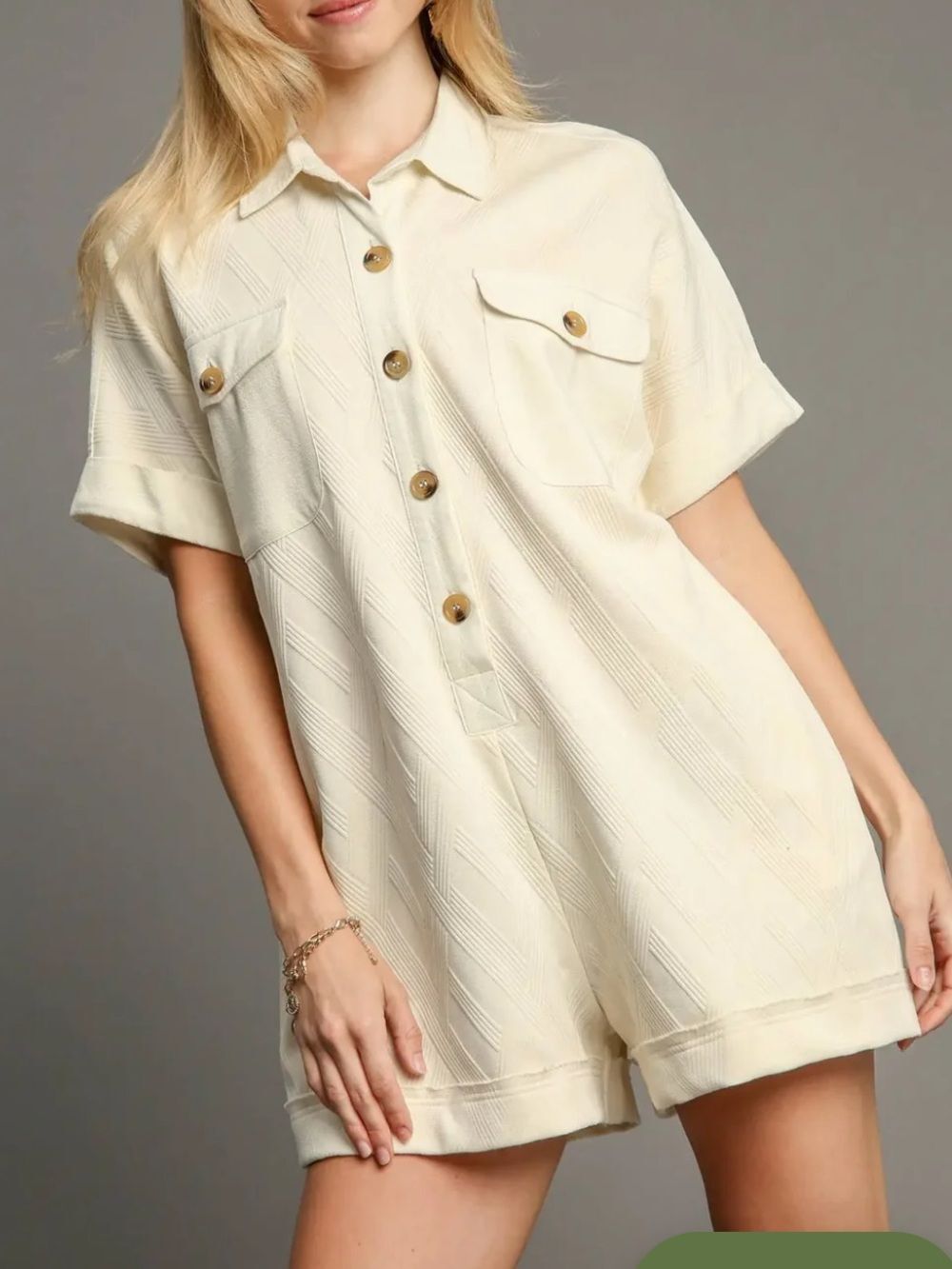 Umgee Cream Short-Sleeve Textured Romper